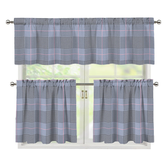 Navy Blue Prince of Wales Check Print 3 Piece Kitchen Curtains