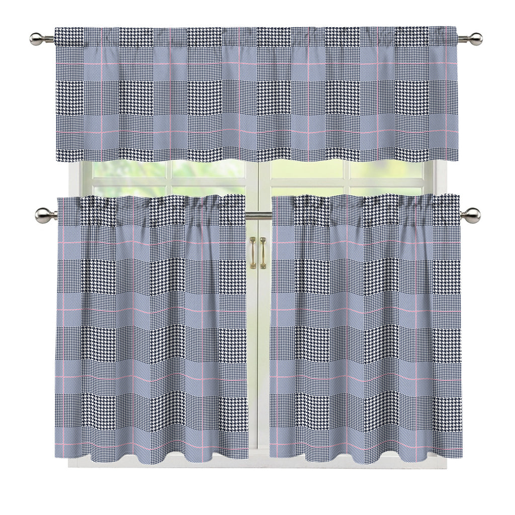 Navy Blue Prince of Wales Check Print 3 Piece Kitchen Curtains