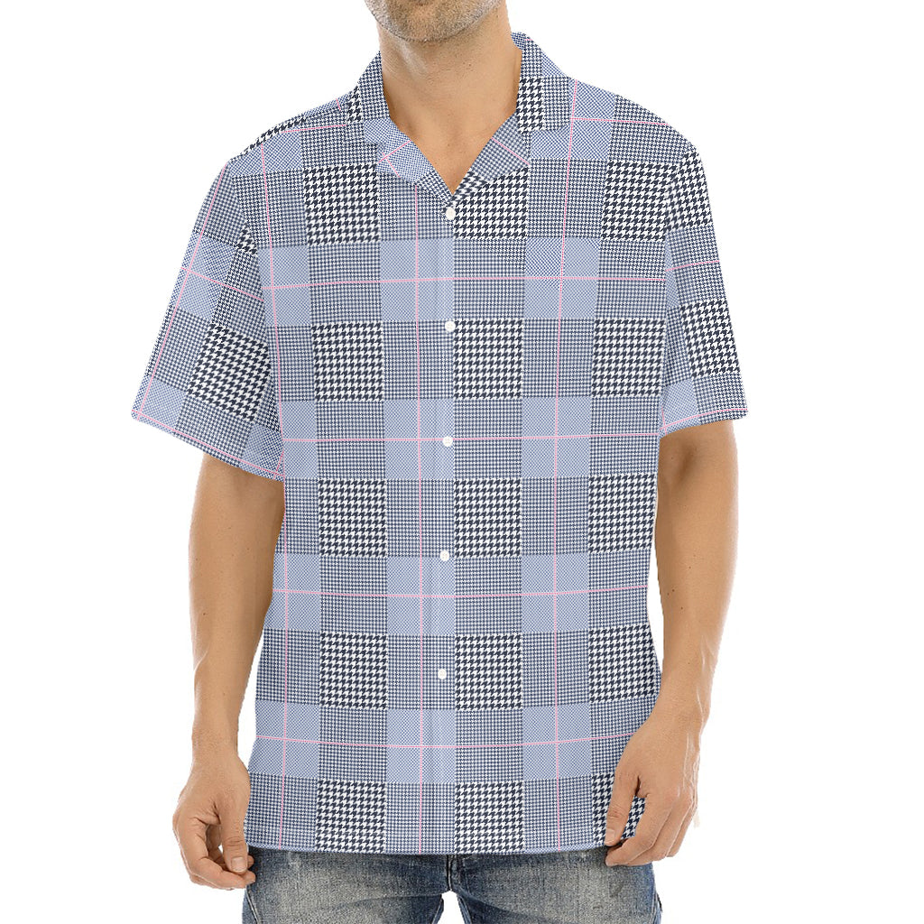 Navy Blue Prince of Wales Check Print Aloha Shirt