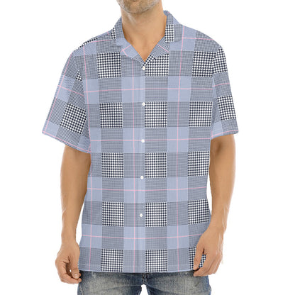 Navy Blue Prince of Wales Check Print Aloha Shirt