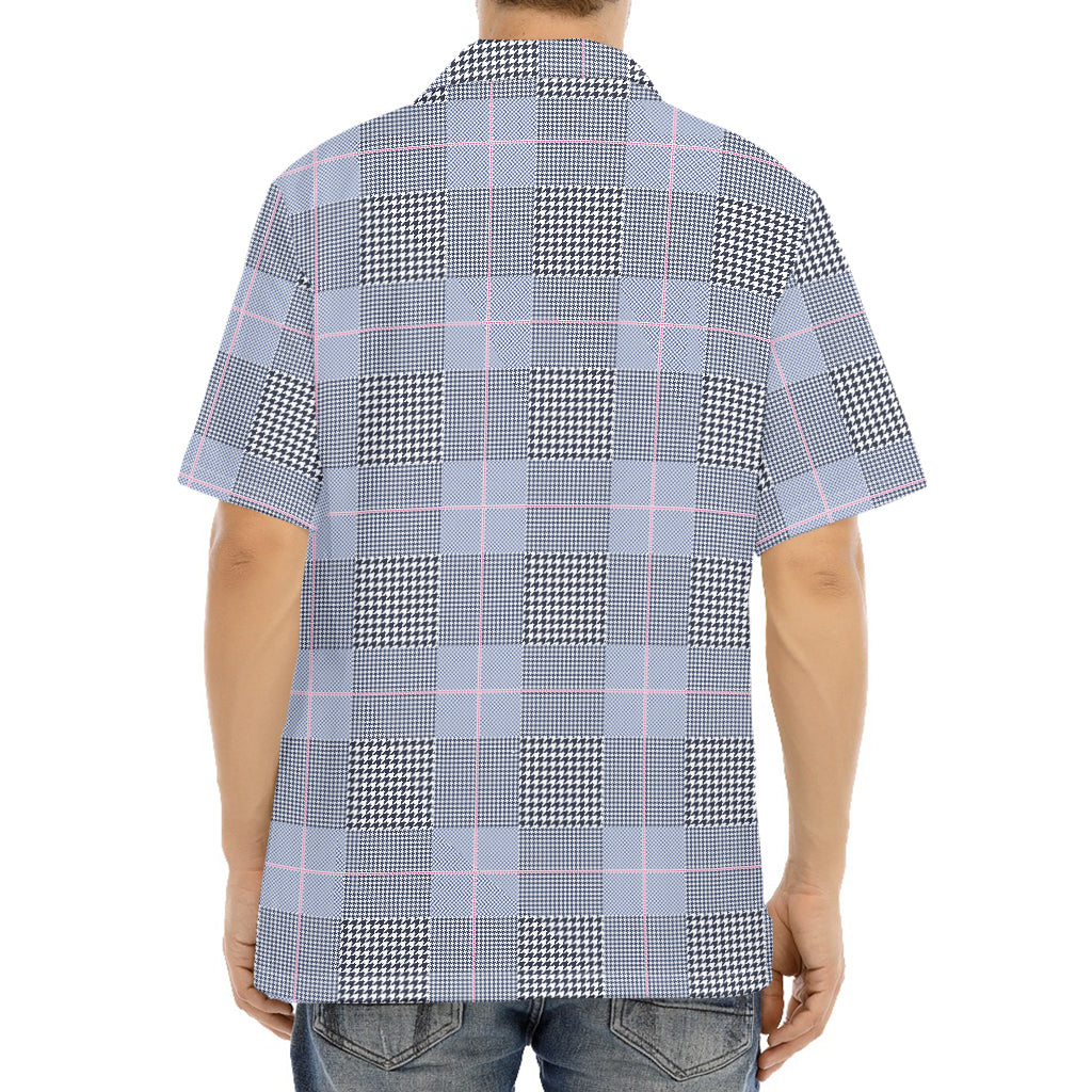 Navy Blue Prince of Wales Check Print Aloha Shirt