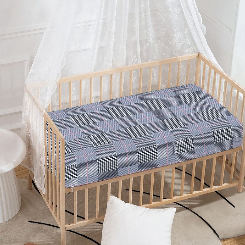 Navy Blue Prince of Wales Check Print Baby Crib Sheet