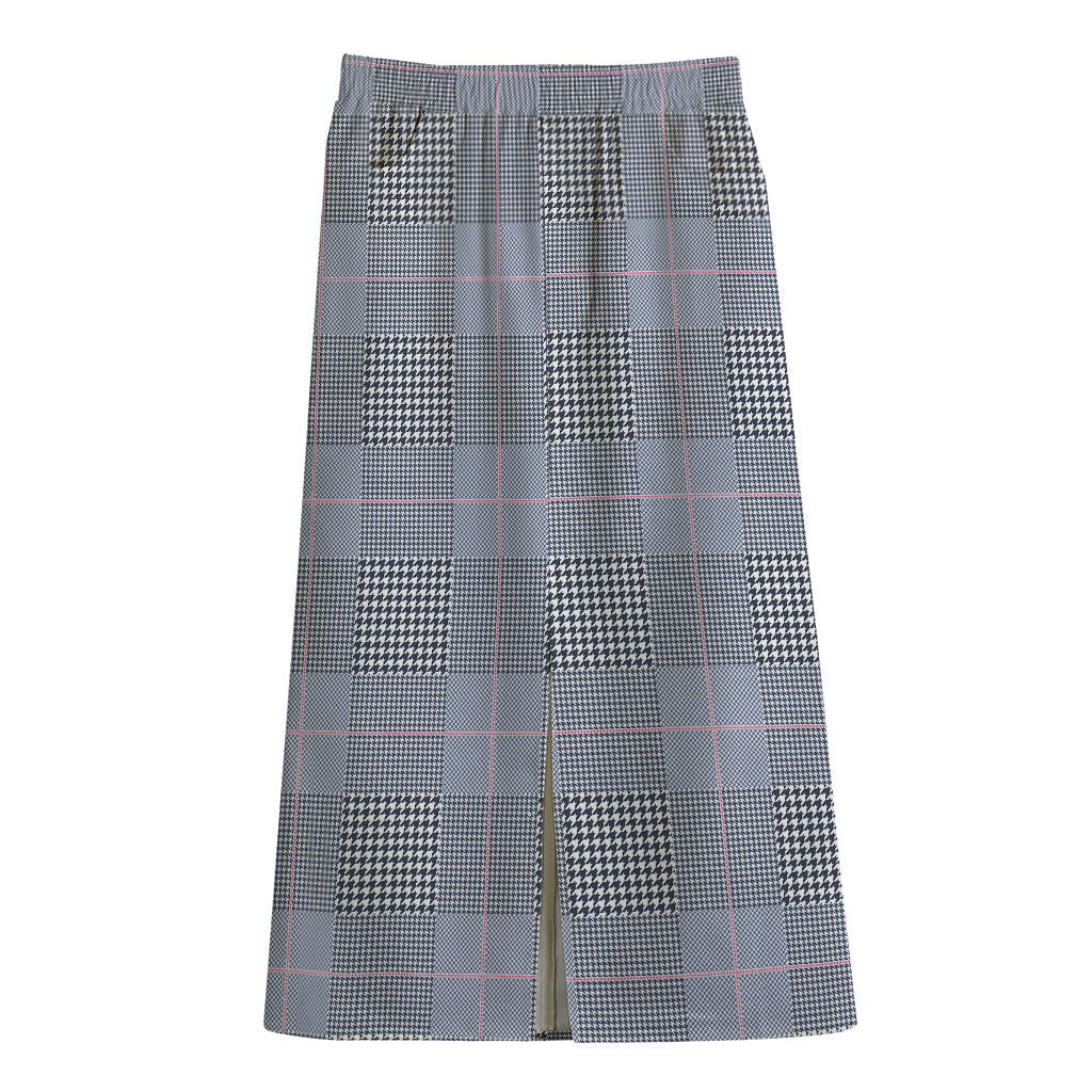 Navy Blue Prince of Wales Check Print Cotton Front Slit Maxi Skirt