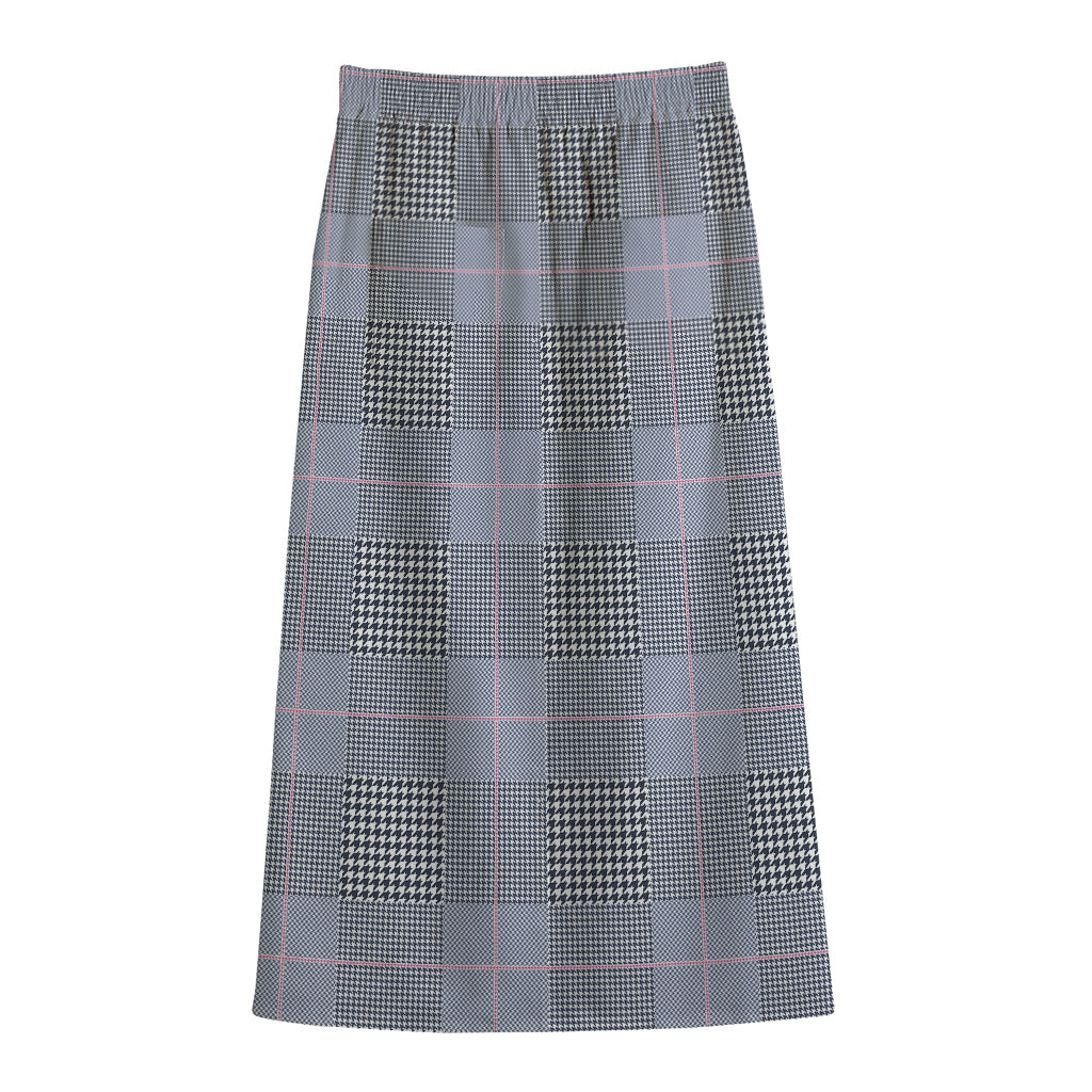 Navy Blue Prince of Wales Check Print Cotton Front Slit Maxi Skirt