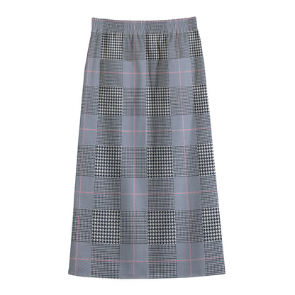Navy Blue Prince of Wales Check Print Cotton Front Slit Maxi Skirt