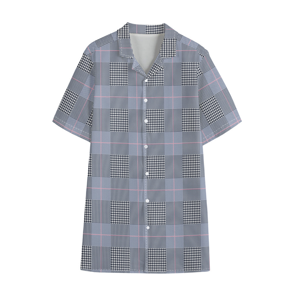 Navy Blue Prince of Wales Check Print Cotton Hawaiian Shirt