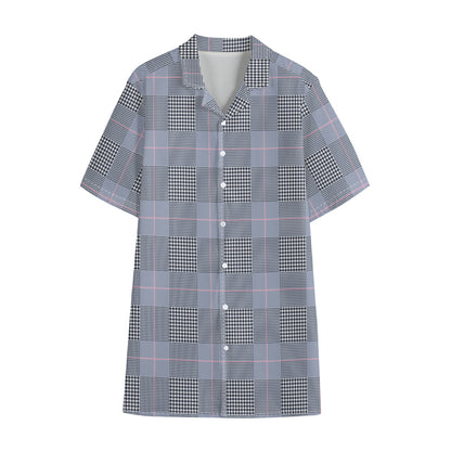Navy Blue Prince of Wales Check Print Cotton Hawaiian Shirt