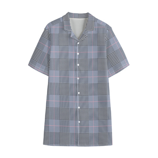 Navy Blue Prince of Wales Check Print Cotton Hawaiian Shirt