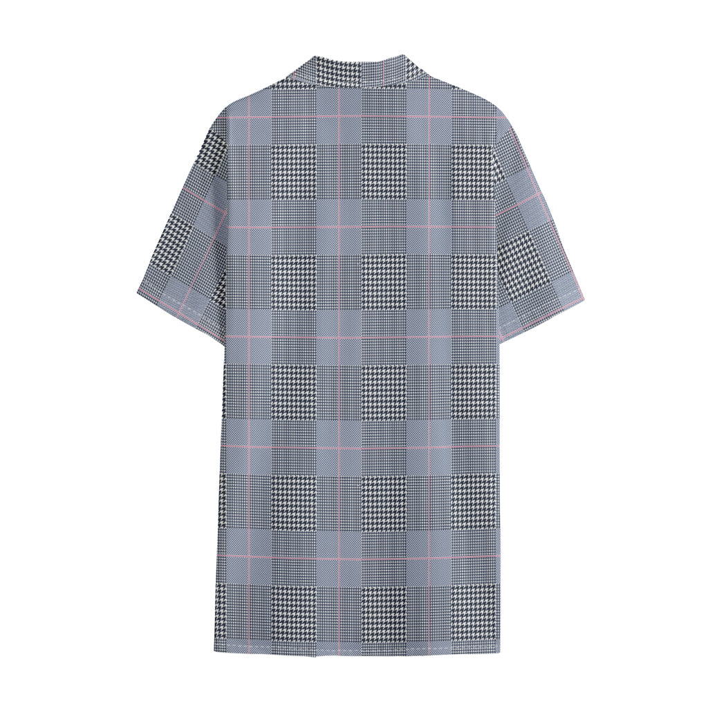 Navy Blue Prince of Wales Check Print Cotton Hawaiian Shirt