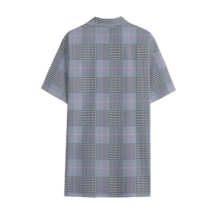 Navy Blue Prince of Wales Check Print Cotton Hawaiian Shirt
