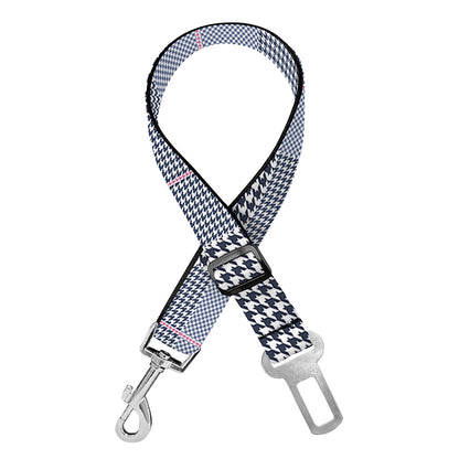 Navy Blue Prince of Wales Check Print Dog Seat Belt