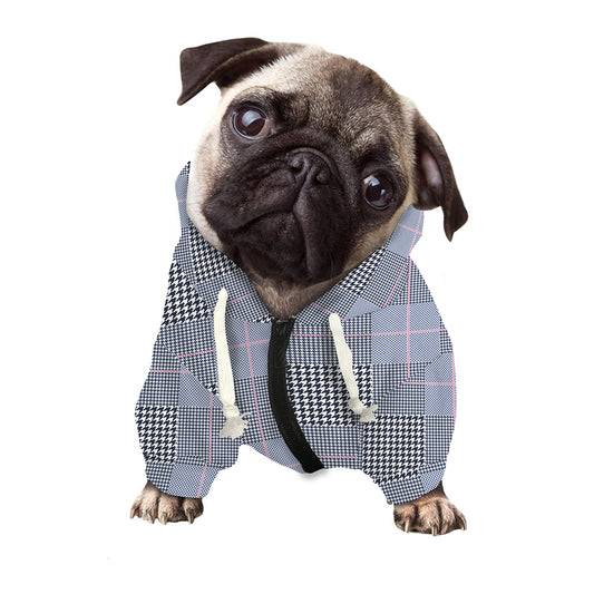 Navy Blue Prince of Wales Check Print Dog Zip Up Hoodie