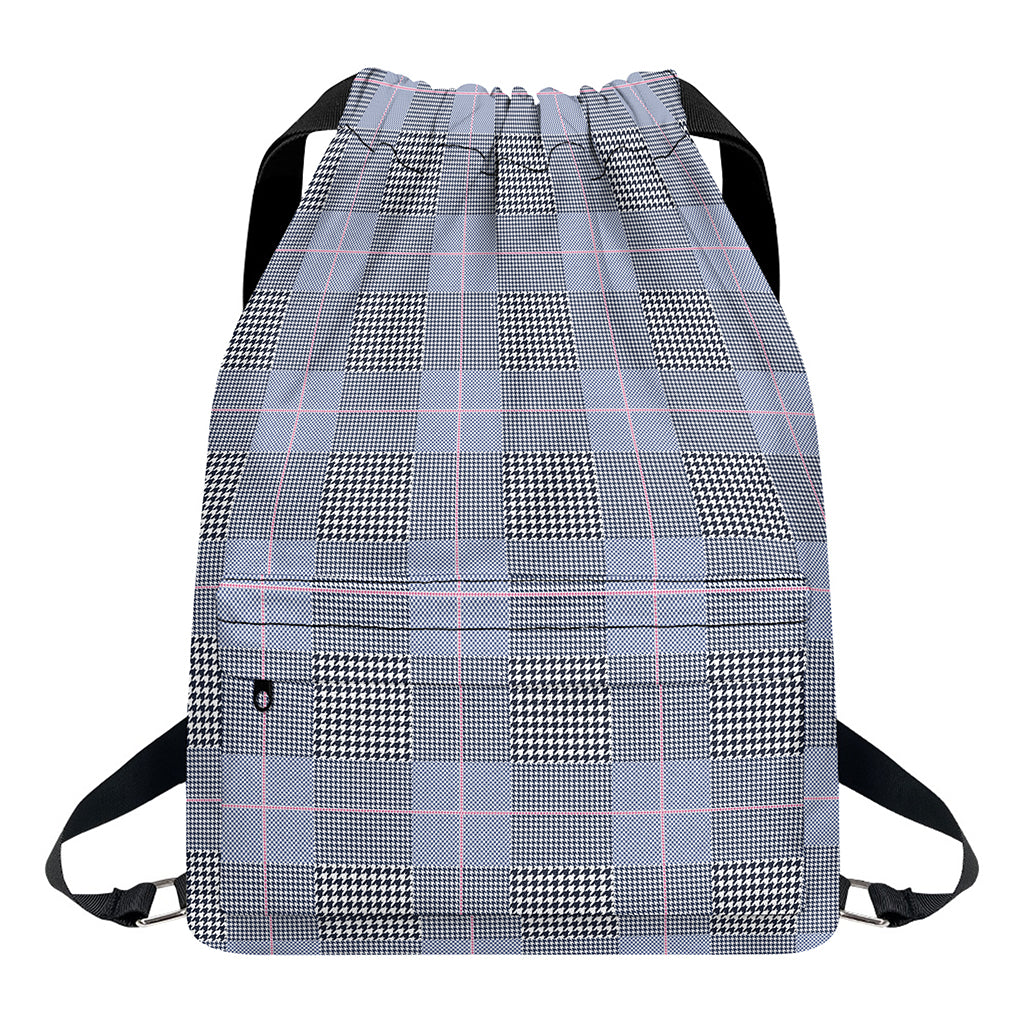 Navy Blue Prince of Wales Check Print Drawstring Backpack