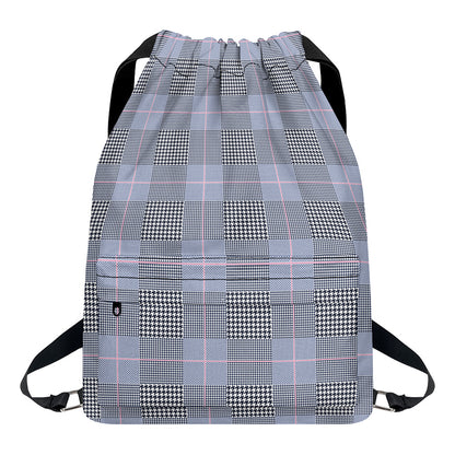 Navy Blue Prince of Wales Check Print Drawstring Backpack