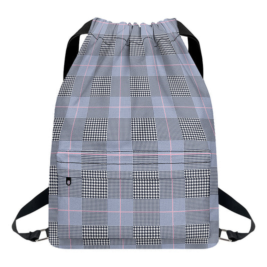 Navy Blue Prince of Wales Check Print Drawstring Backpack