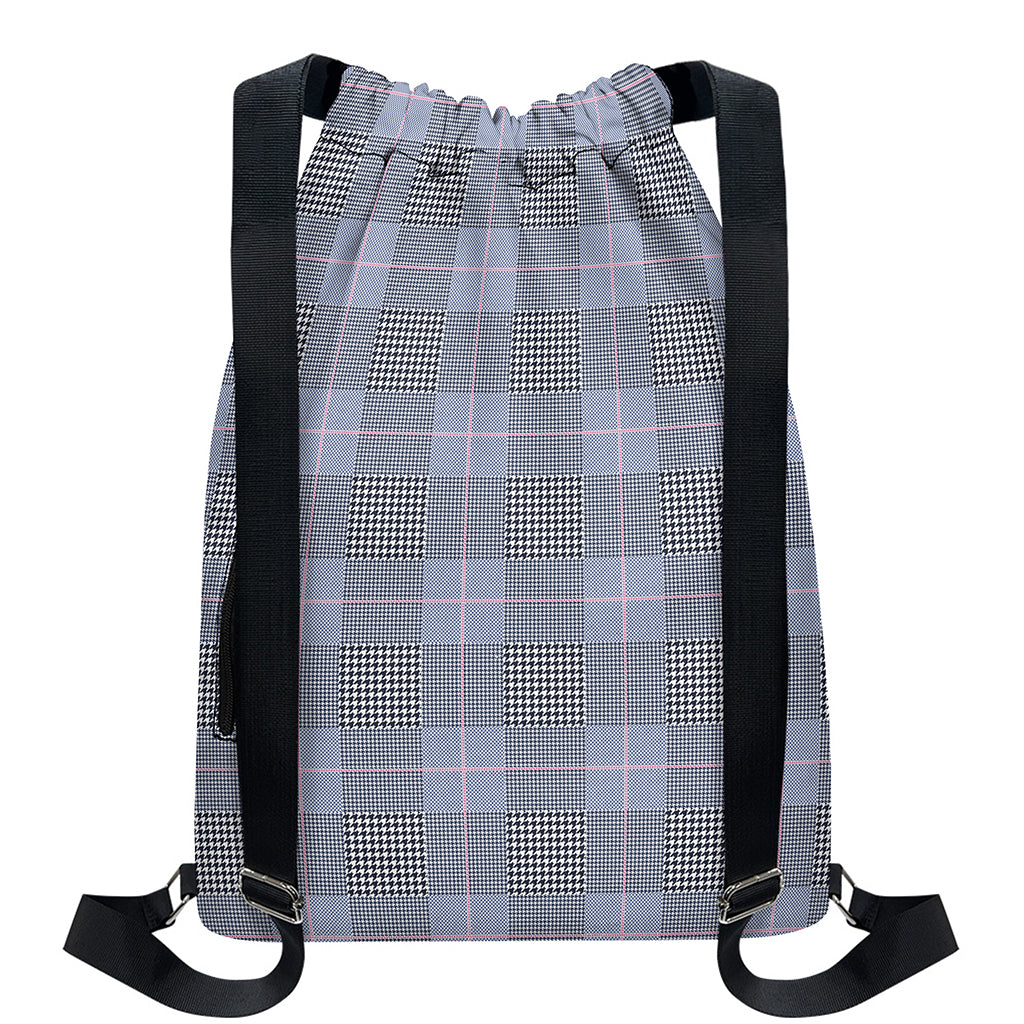 Navy Blue Prince of Wales Check Print Drawstring Backpack