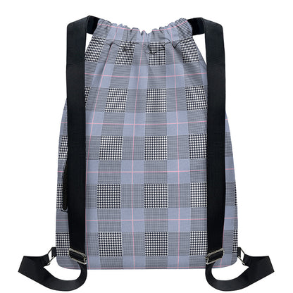 Navy Blue Prince of Wales Check Print Drawstring Backpack