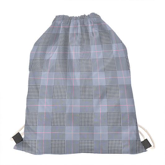 Navy Blue Prince of Wales Check Print Drawstring Bag