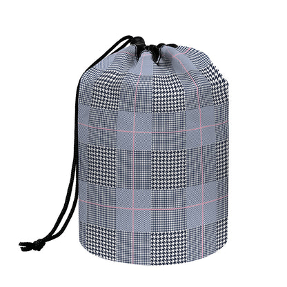 Navy Blue Prince of Wales Check Print Drawstring Makeup Bag