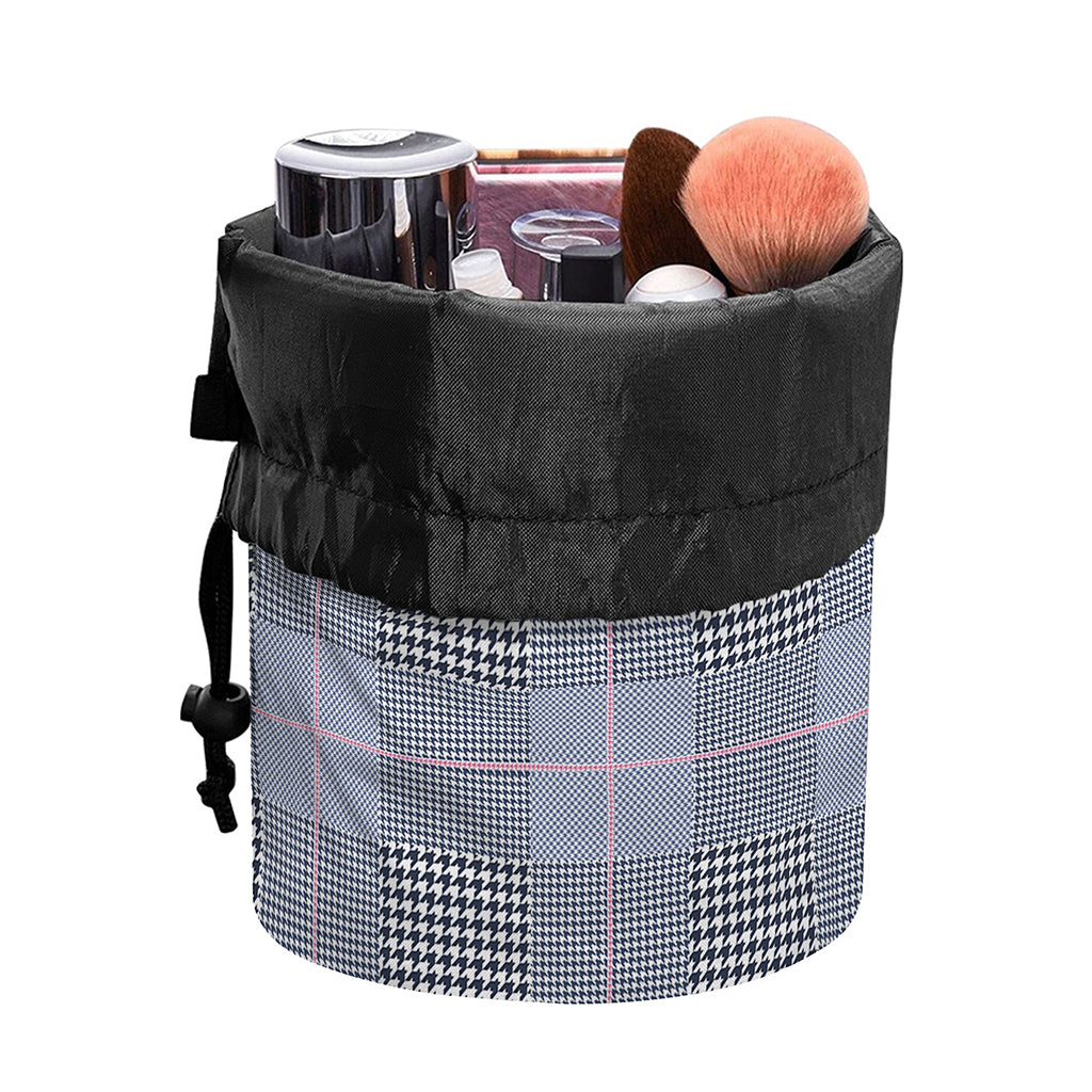 Navy Blue Prince of Wales Check Print Drawstring Makeup Bag