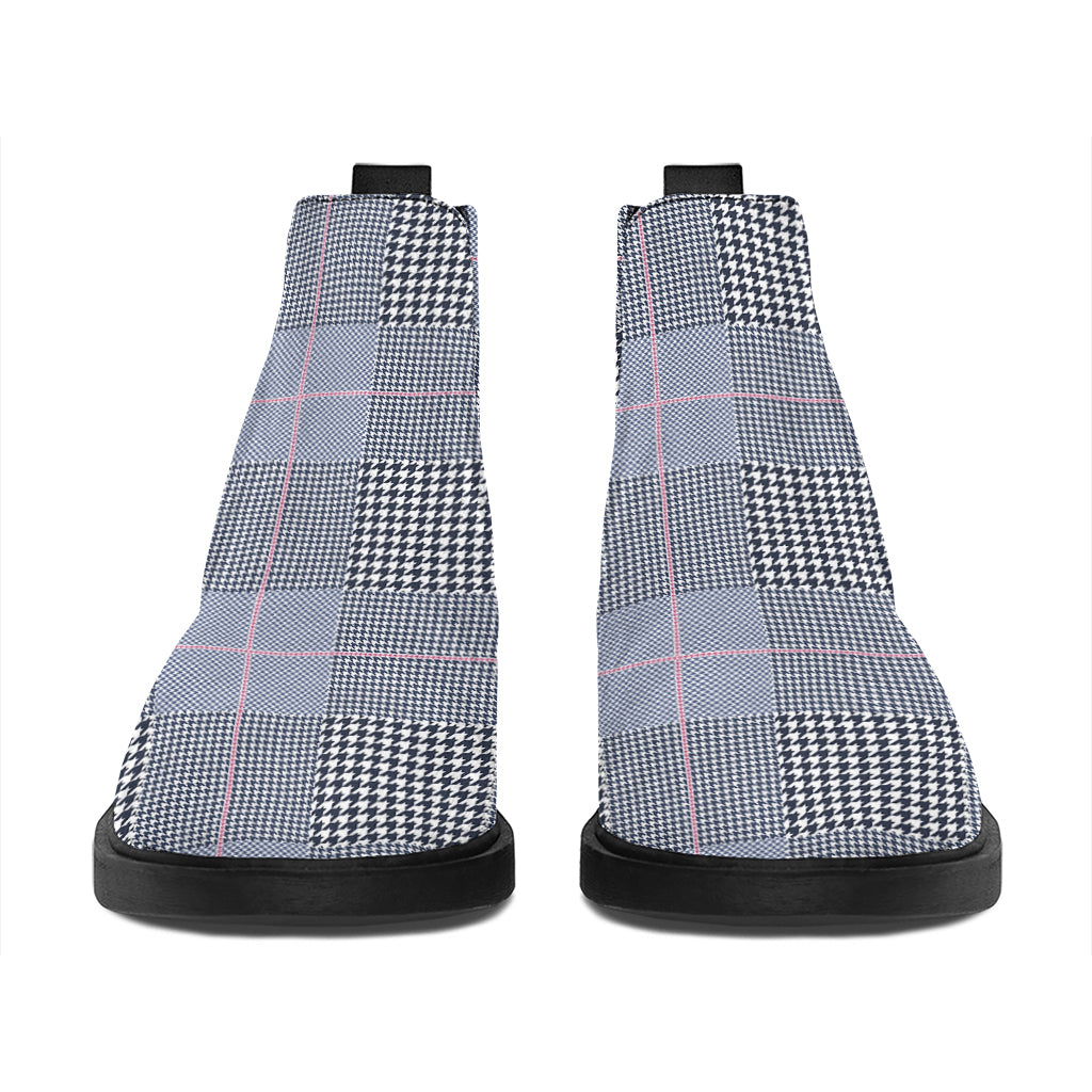 Navy Blue Prince of Wales Check Print Flat Ankle Boots