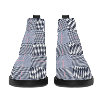 Navy Blue Prince of Wales Check Print Flat Ankle Boots