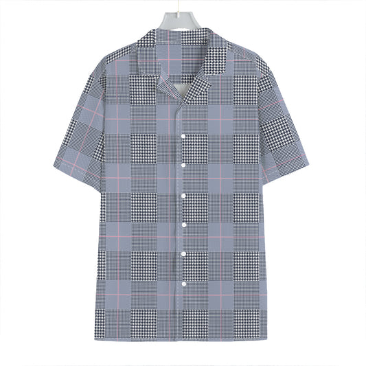 Navy Blue Prince of Wales Check Print Hawaiian Shirt