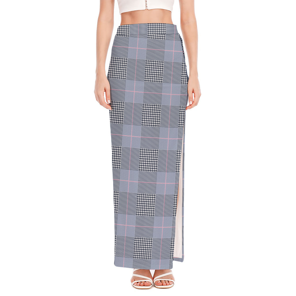 Navy Blue Prince of Wales Check Print High Slit Maxi Skirt