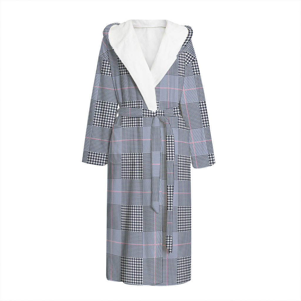 Navy Blue Prince of Wales Check Print Hooded Bathrobe