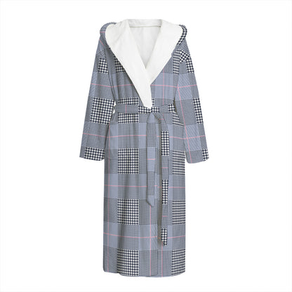 Navy Blue Prince of Wales Check Print Hooded Bathrobe