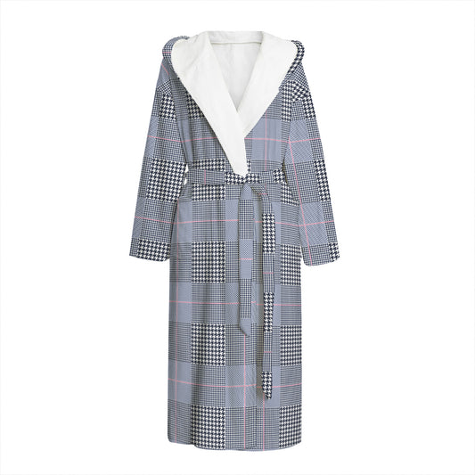 Navy Blue Prince of Wales Check Print Hooded Bathrobe