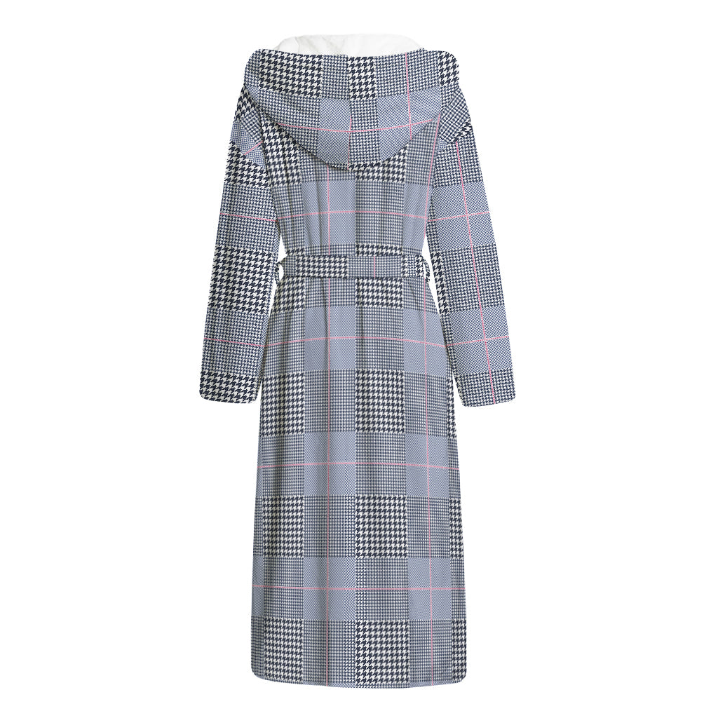Navy Blue Prince of Wales Check Print Hooded Bathrobe