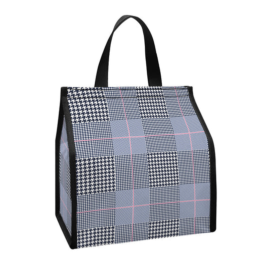 Navy Blue Prince of Wales Check Print Insulated Lunch Tote