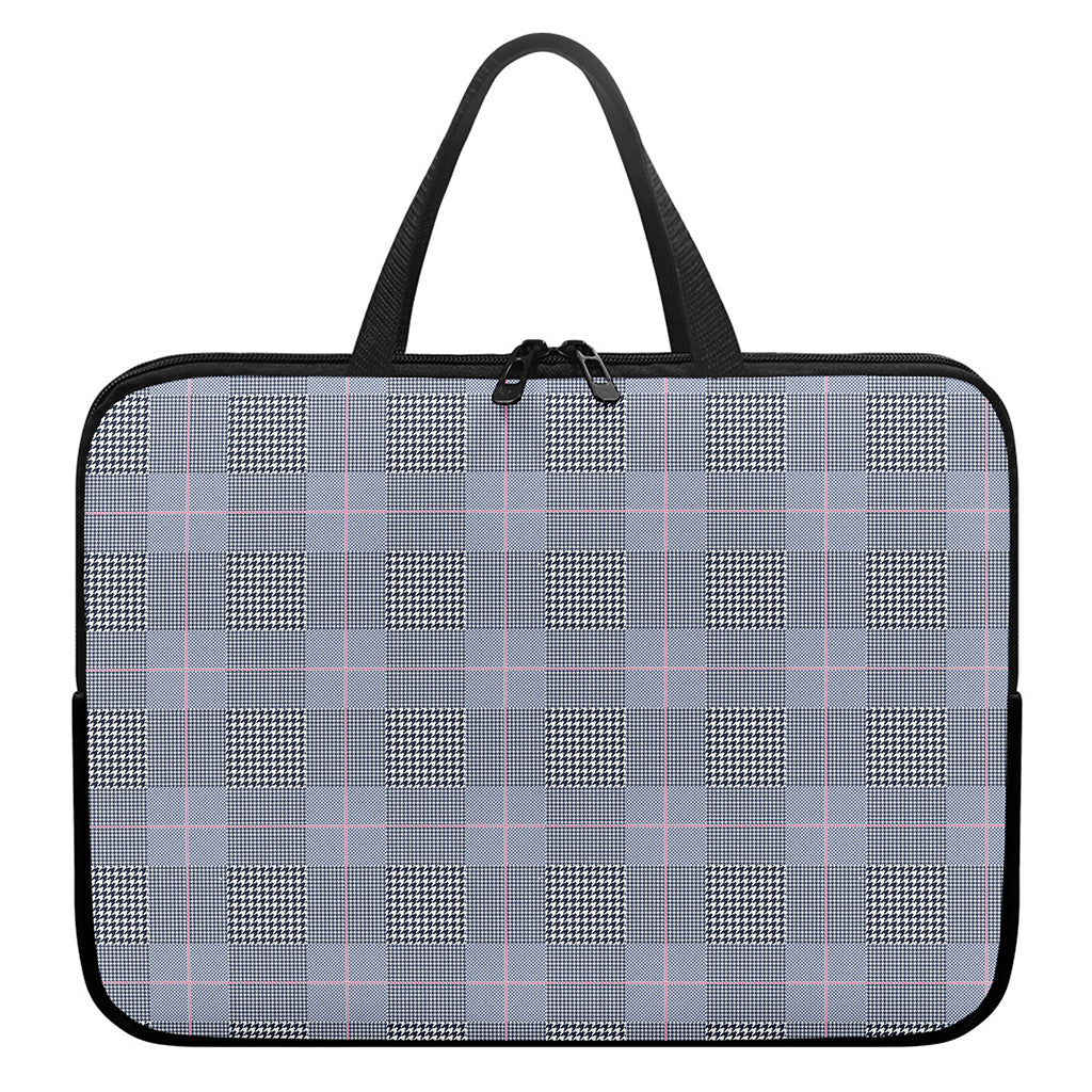 Navy Blue Prince of Wales Check Print Laptop Sleeve With Handle