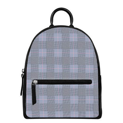 Navy Blue Prince of Wales Check Print Leather Backpack
