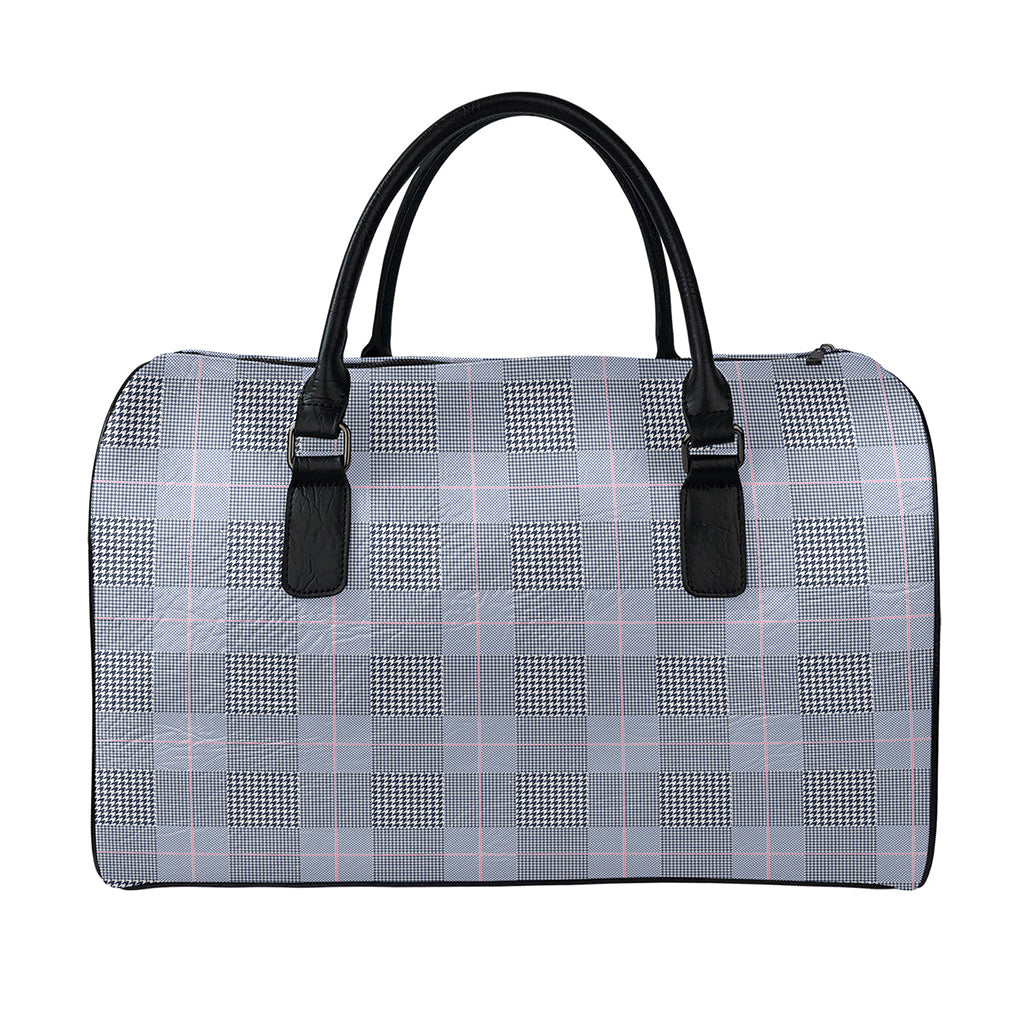 Navy Blue Prince of Wales Check Print Leather Duffle Bag