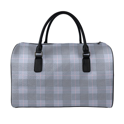 Navy Blue Prince of Wales Check Print Leather Duffle Bag