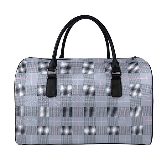 Navy Blue Prince of Wales Check Print Leather Duffle Bag