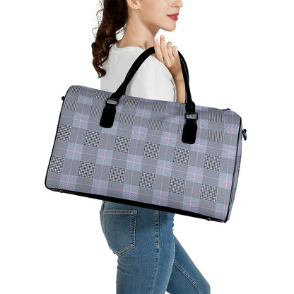 Navy Blue Prince of Wales Check Print Leather Duffle Bag