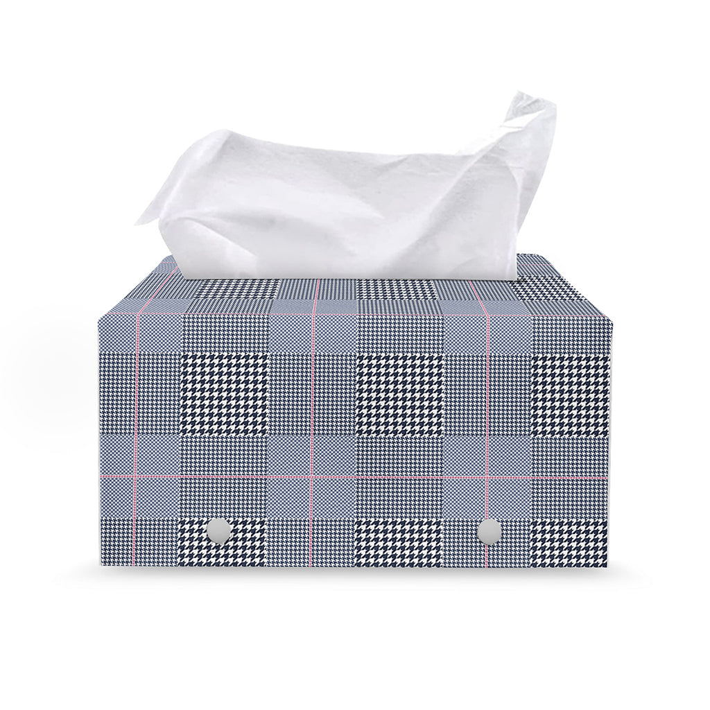 Navy Blue Prince of Wales Check Print Leather Tissue Box Cover