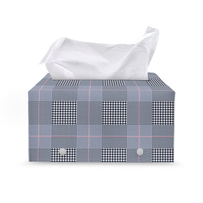 Navy Blue Prince of Wales Check Print Leather Tissue Box Cover