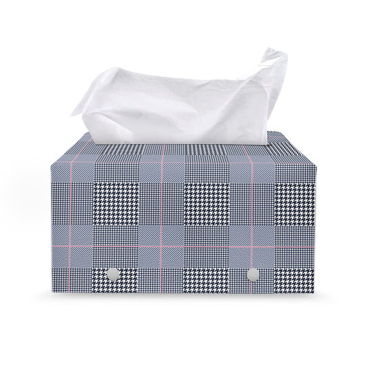 Navy Blue Prince of Wales Check Print Leather Tissue Box Cover