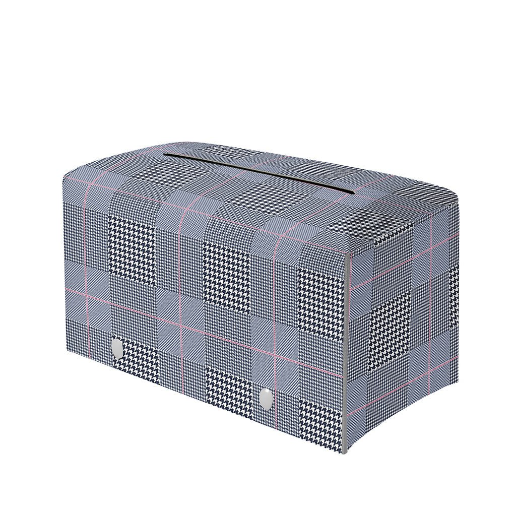 Navy Blue Prince of Wales Check Print Leather Tissue Box Cover