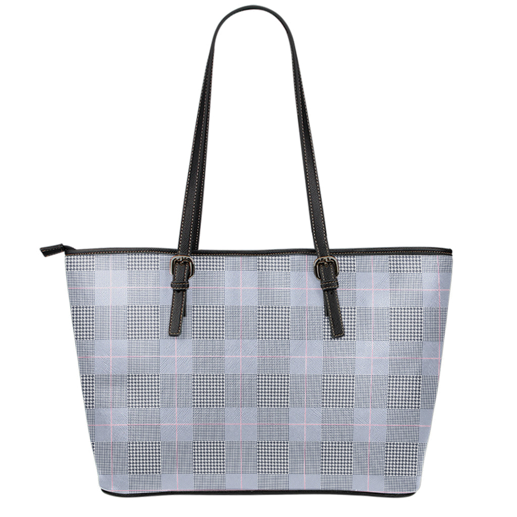 Navy Blue Prince of Wales Check Print Leather Tote Bag