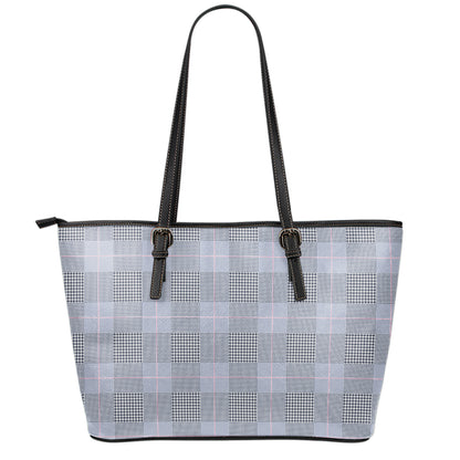 Navy Blue Prince of Wales Check Print Leather Tote Bag