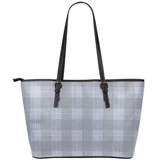 Navy Blue Prince of Wales Check Print Leather Tote Bag