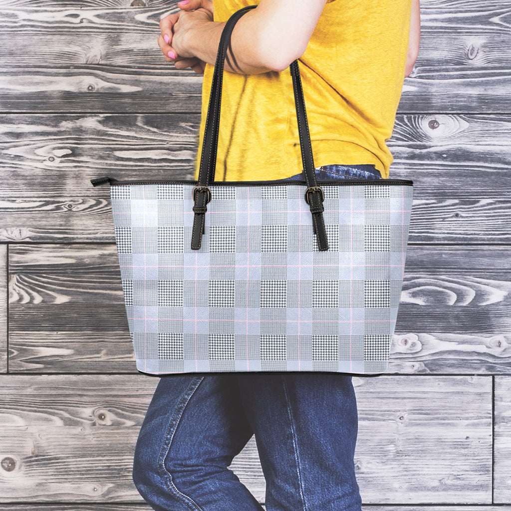 Navy Blue Prince of Wales Check Print Leather Tote Bag
