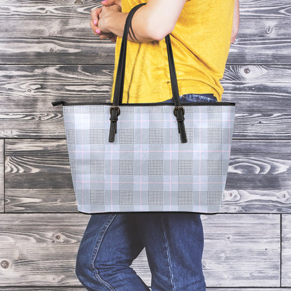 Navy Blue Prince of Wales Check Print Leather Tote Bag