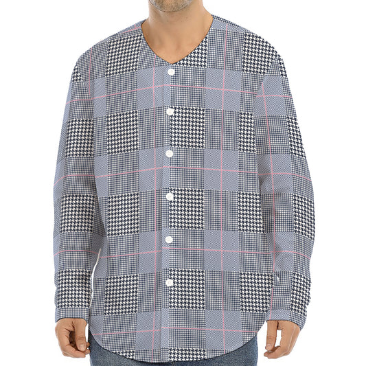 Navy Blue Prince of Wales Check Print Long Sleeve Baseball Jersey