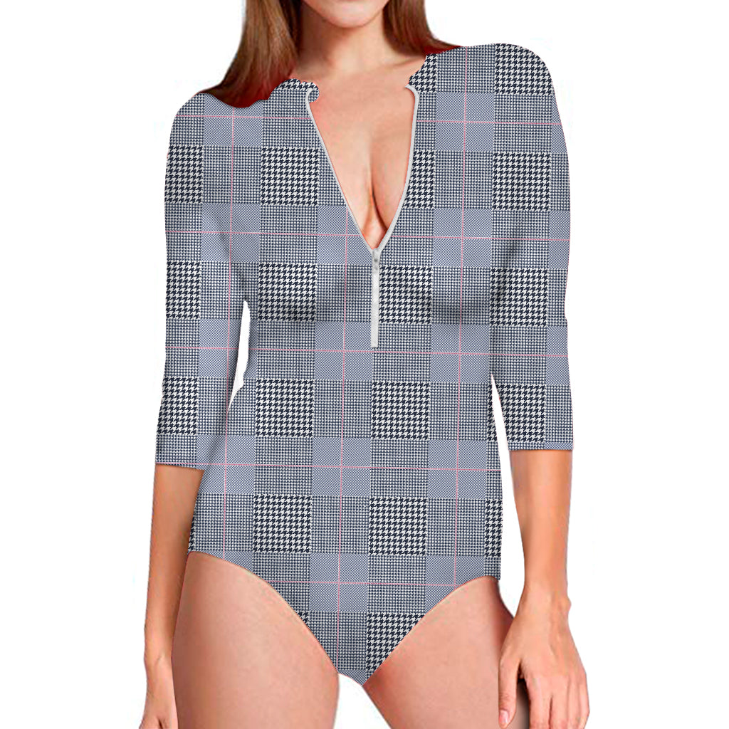 Navy Blue Prince of Wales Check Print Long Sleeve Swimsuit